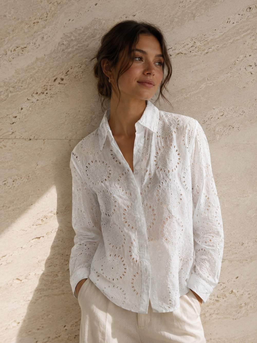 White Eyelet Embroidered Breezy Button-Down Top - Size S